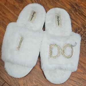White Fuzzy Slippers with Gold Lettering